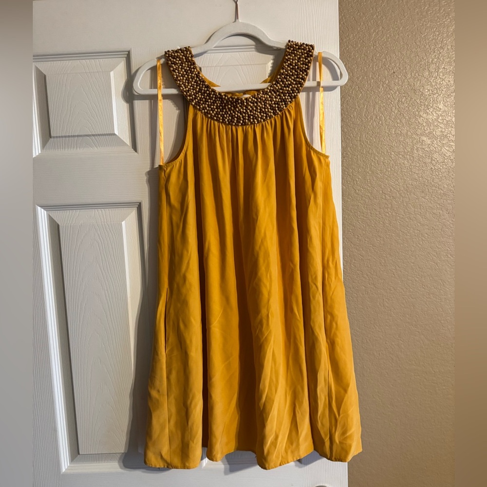 Laundry by Design Silk Mustard Dress with Beaded Neckline
